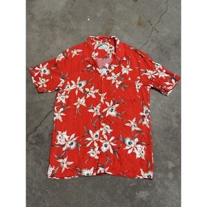 Paradise Found Men's Large Vintage Floral Hawaiian Aloha Shirt Red Button Down